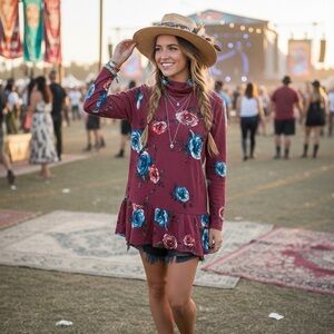 Floral Burgundy peplum cowl neck top  with beautiful floral accents NWT